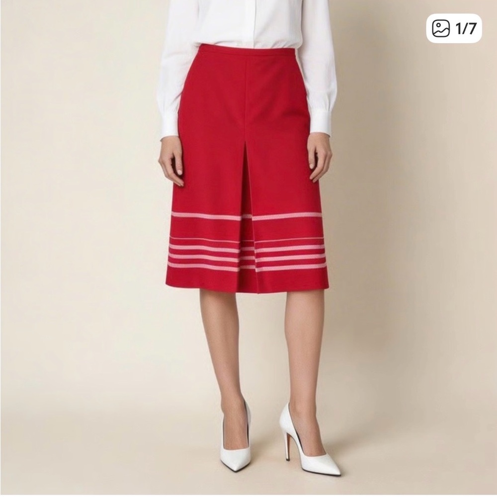 LOFT Red Wool Blend Skirt with Contrast Hem Stripes
